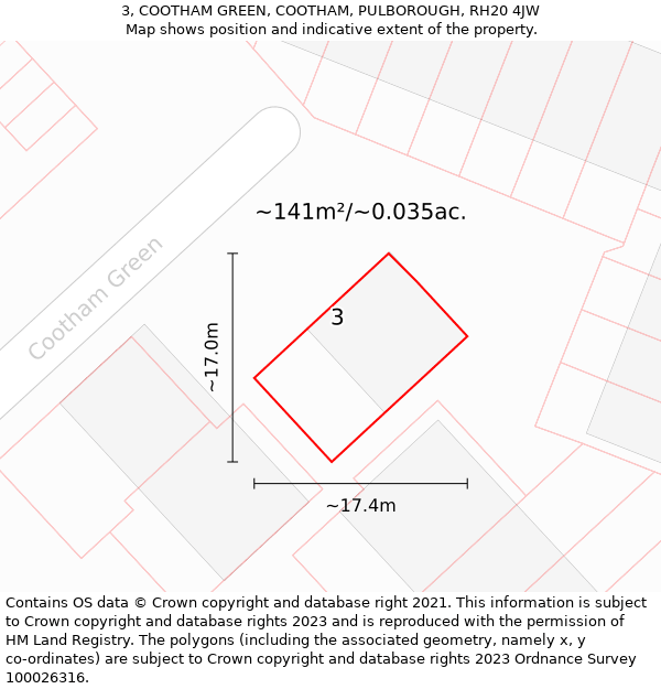 3, COOTHAM GREEN, COOTHAM, PULBOROUGH, RH20 4JW: Plot and title map