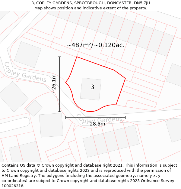 3, COPLEY GARDENS, SPROTBROUGH, DONCASTER, DN5 7JH: Plot and title map