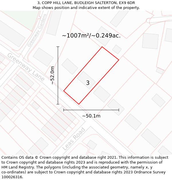 3, COPP HILL LANE, BUDLEIGH SALTERTON, EX9 6DR: Plot and title map