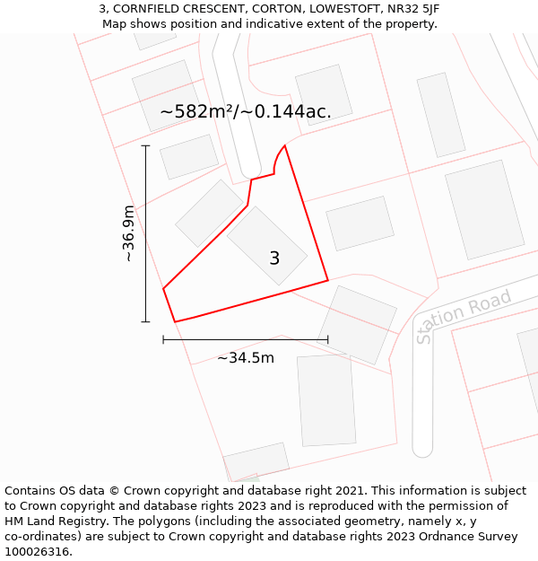 3, CORNFIELD CRESCENT, CORTON, LOWESTOFT, NR32 5JF: Plot and title map