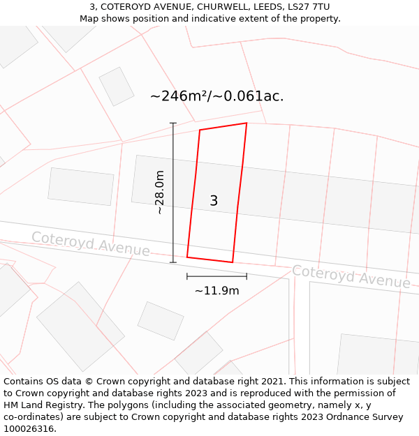 3, COTEROYD AVENUE, CHURWELL, LEEDS, LS27 7TU: Plot and title map