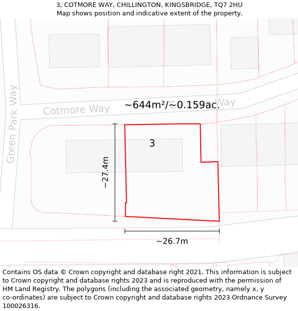 3, COTMORE WAY, CHILLINGTON, KINGSBRIDGE, TQ7 2HU: Plot and title map