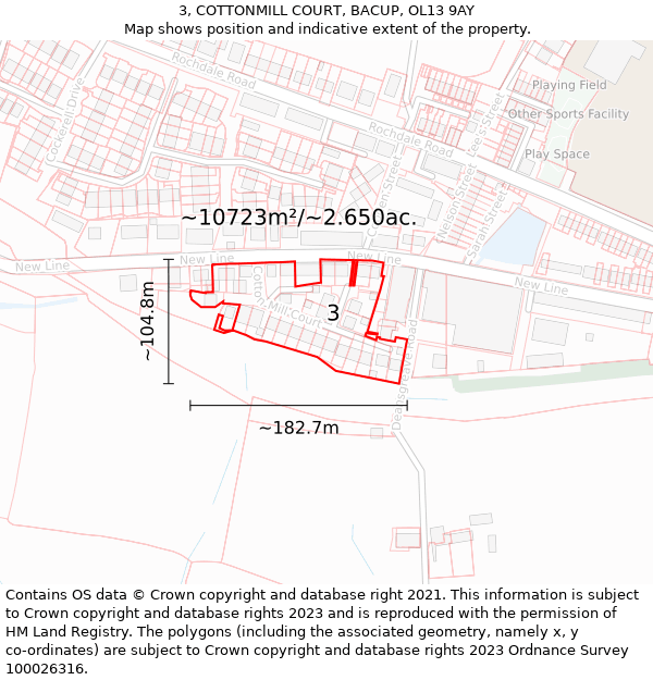 3, COTTONMILL COURT, BACUP, OL13 9AY: Plot and title map