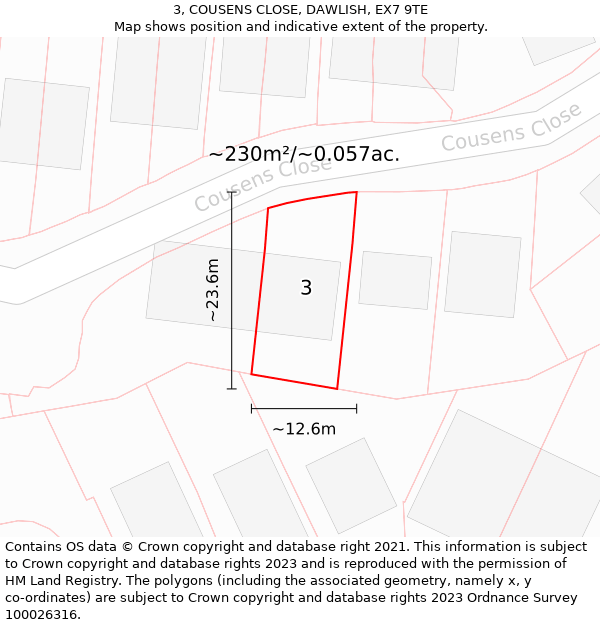 3, COUSENS CLOSE, DAWLISH, EX7 9TE: Plot and title map