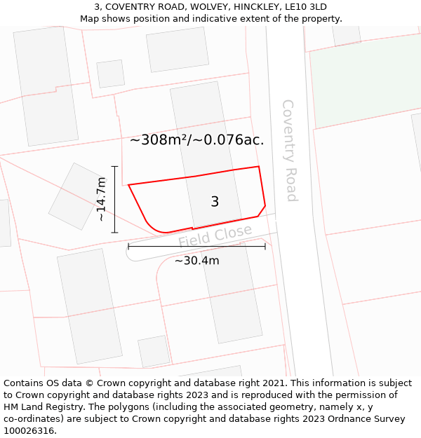 3, COVENTRY ROAD, WOLVEY, HINCKLEY, LE10 3LD: Plot and title map