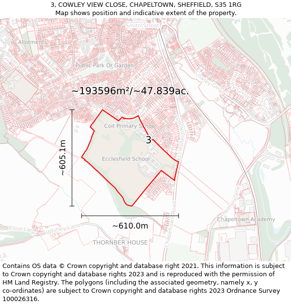 3, COWLEY VIEW CLOSE, CHAPELTOWN, SHEFFIELD, S35 1RG: Plot and title map