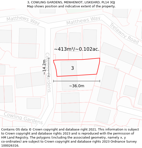 3, COWLING GARDENS, MENHENIOT, LISKEARD, PL14 3QJ: Plot and title map