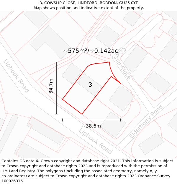 3, COWSLIP CLOSE, LINDFORD, BORDON, GU35 0YF: Plot and title map