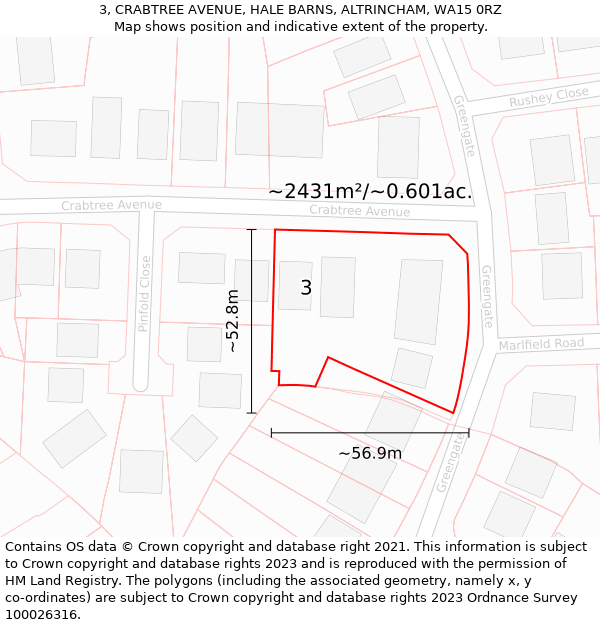 3, CRABTREE AVENUE, HALE BARNS, ALTRINCHAM, WA15 0RZ: Plot and title map