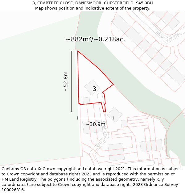 3, CRABTREE CLOSE, DANESMOOR, CHESTERFIELD, S45 9BH: Plot and title map