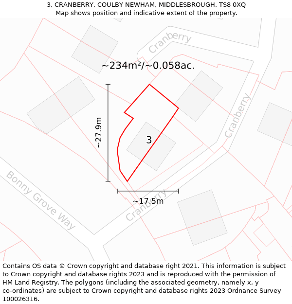 3, CRANBERRY, COULBY NEWHAM, MIDDLESBROUGH, TS8 0XQ: Plot and title map