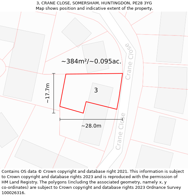 3, CRANE CLOSE, SOMERSHAM, HUNTINGDON, PE28 3YG: Plot and title map