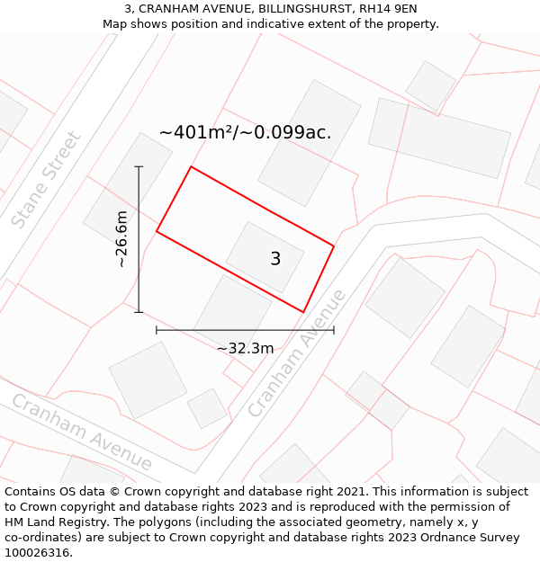 3, CRANHAM AVENUE, BILLINGSHURST, RH14 9EN: Plot and title map