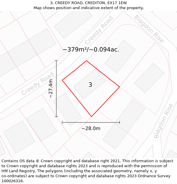 3, CREEDY ROAD, CREDITON, EX17 1EW: Plot and title map