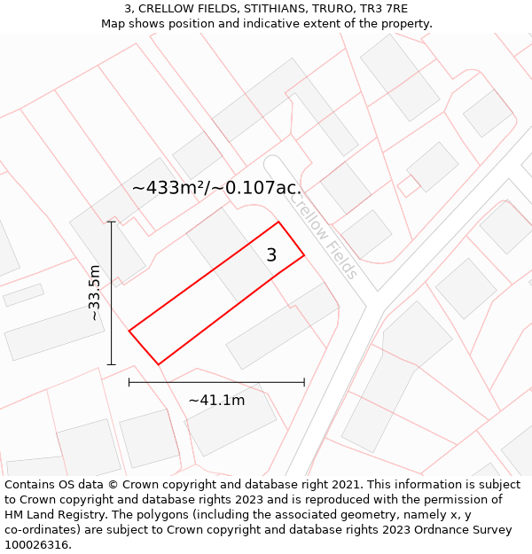 3, CRELLOW FIELDS, STITHIANS, TRURO, TR3 7RE: Plot and title map