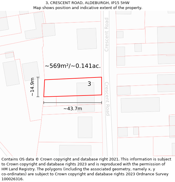 3, CRESCENT ROAD, ALDEBURGH, IP15 5HW: Plot and title map