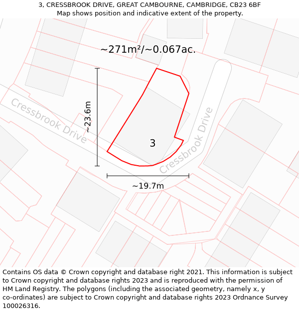 3, CRESSBROOK DRIVE, GREAT CAMBOURNE, CAMBRIDGE, CB23 6BF: Plot and title map