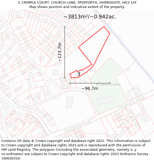 3, CRIMPLE COURT, CHURCH LANE, SPOFFORTH, HARROGATE, HG3 1AF: Plot and title map