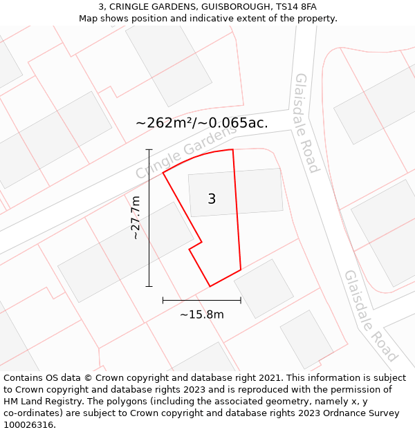 3, CRINGLE GARDENS, GUISBOROUGH, TS14 8FA: Plot and title map