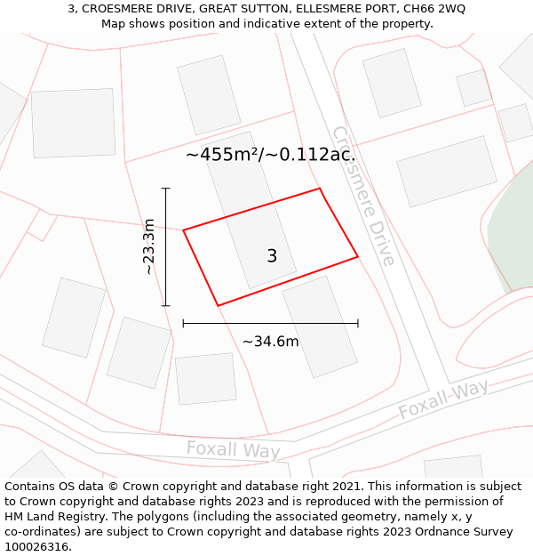 3, CROESMERE DRIVE, GREAT SUTTON, ELLESMERE PORT, CH66 2WQ: Plot and title map