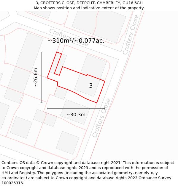 3, CROFTERS CLOSE, DEEPCUT, CAMBERLEY, GU16 6GH: Plot and title map