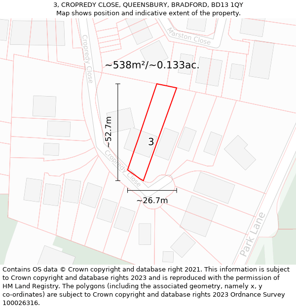 3, CROPREDY CLOSE, QUEENSBURY, BRADFORD, BD13 1QY: Plot and title map