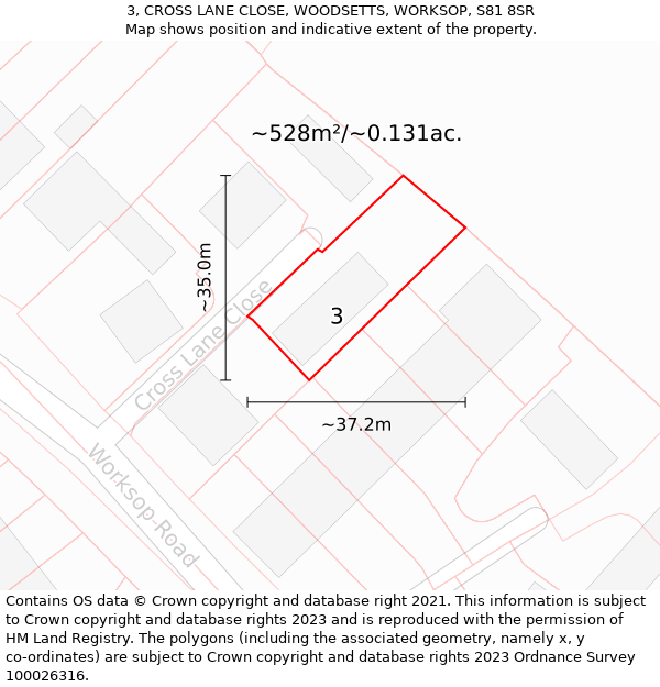 3, CROSS LANE CLOSE, WOODSETTS, WORKSOP, S81 8SR: Plot and title map