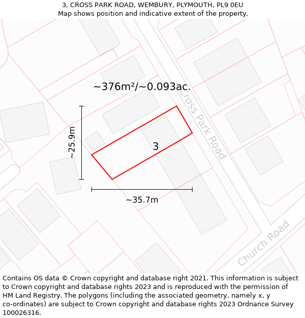 3, CROSS PARK ROAD, WEMBURY, PLYMOUTH, PL9 0EU: Plot and title map