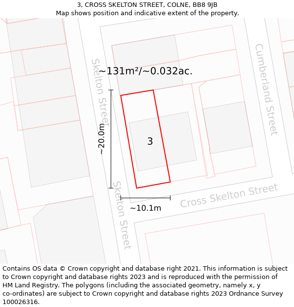 3, CROSS SKELTON STREET, COLNE, BB8 9JB: Plot and title map