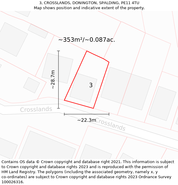 3, CROSSLANDS, DONINGTON, SPALDING, PE11 4TU: Plot and title map