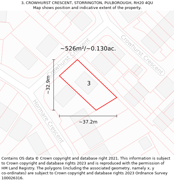 3, CROWHURST CRESCENT, STORRINGTON, PULBOROUGH, RH20 4QU: Plot and title map
