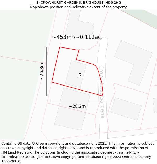 3, CROWHURST GARDENS, BRIGHOUSE, HD6 2HG: Plot and title map