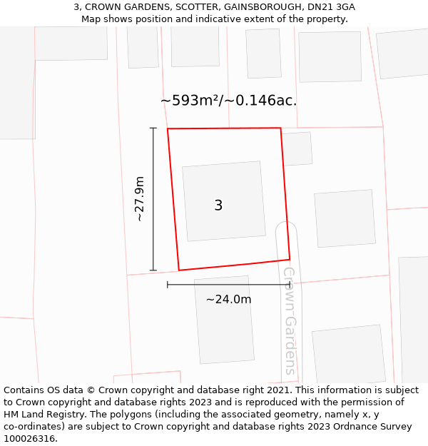 3, CROWN GARDENS, SCOTTER, GAINSBOROUGH, DN21 3GA: Plot and title map