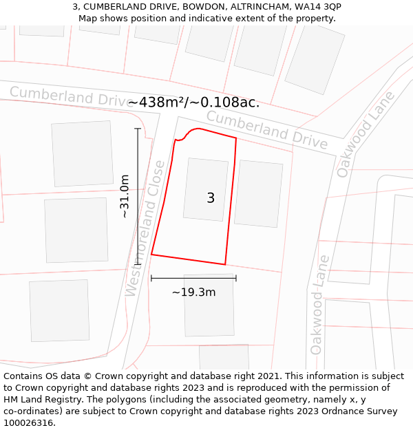 3, CUMBERLAND DRIVE, BOWDON, ALTRINCHAM, WA14 3QP: Plot and title map