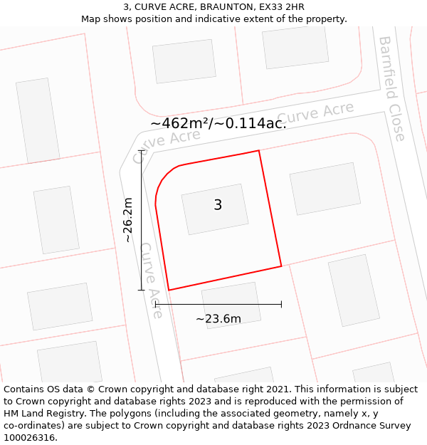 3, CURVE ACRE, BRAUNTON, EX33 2HR: Plot and title map