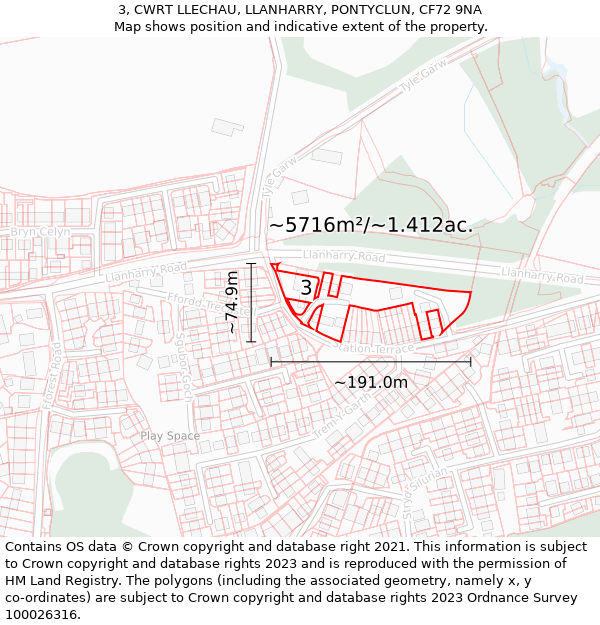 3, CWRT LLECHAU, LLANHARRY, PONTYCLUN, CF72 9NA: Plot and title map