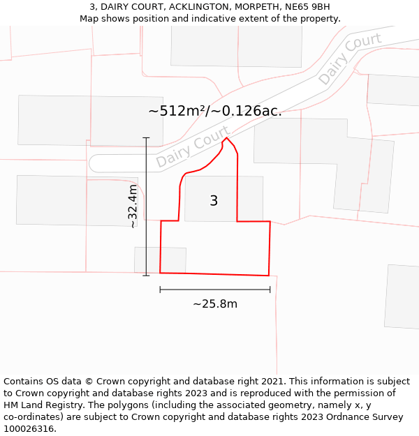3, DAIRY COURT, ACKLINGTON, MORPETH, NE65 9BH: Plot and title map