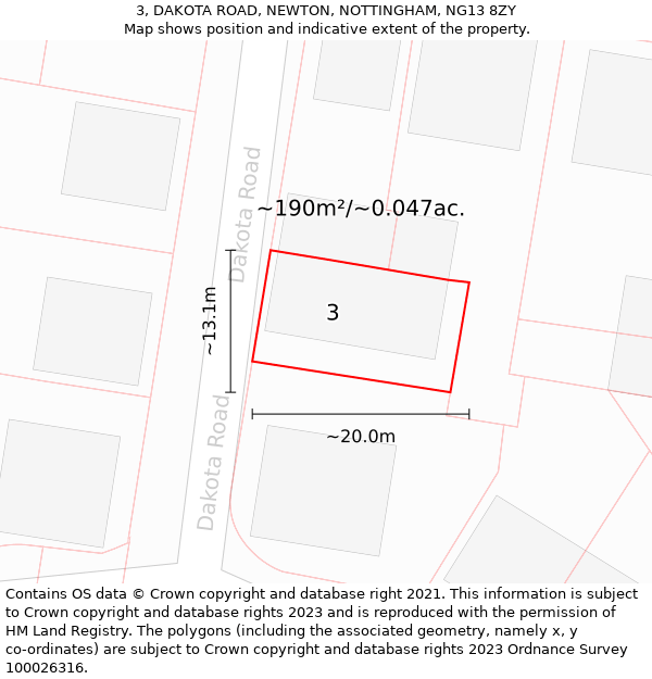 3, DAKOTA ROAD, NEWTON, NOTTINGHAM, NG13 8ZY: Plot and title map