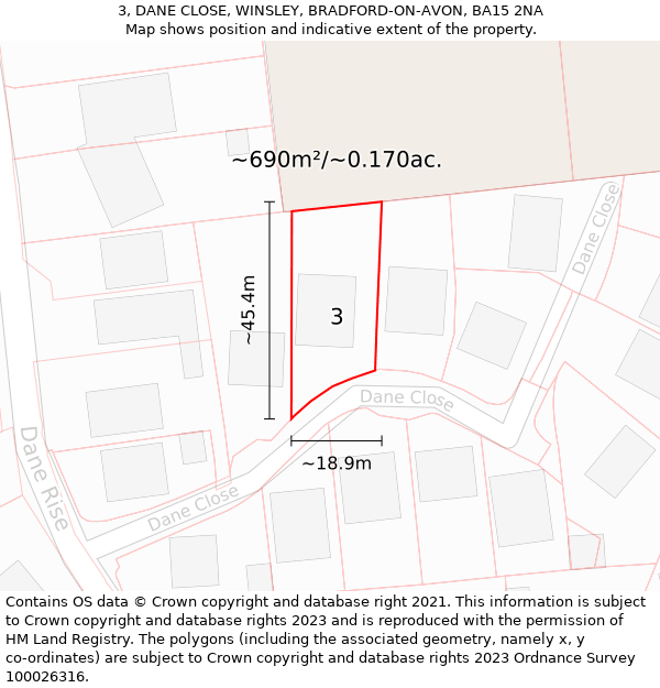 3, DANE CLOSE, WINSLEY, BRADFORD-ON-AVON, BA15 2NA: Plot and title map