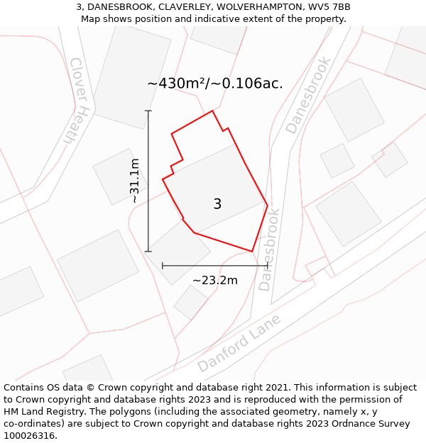 3, DANESBROOK, CLAVERLEY, WOLVERHAMPTON, WV5 7BB: Plot and title map