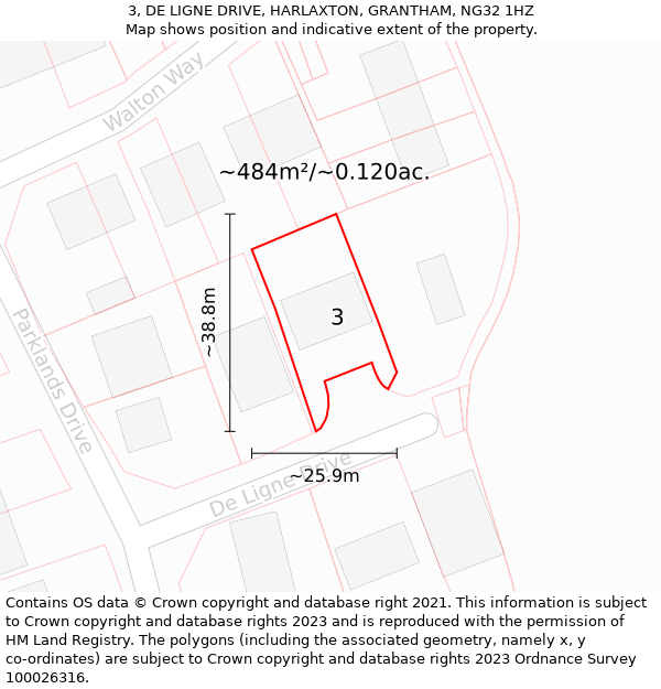 3, DE LIGNE DRIVE, HARLAXTON, GRANTHAM, NG32 1HZ: Plot and title map