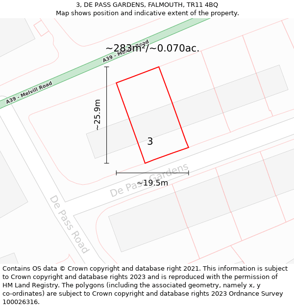 3, DE PASS GARDENS, FALMOUTH, TR11 4BQ: Plot and title map