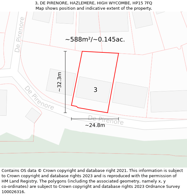 3, DE PIRENORE, HAZLEMERE, HIGH WYCOMBE, HP15 7FQ: Plot and title map