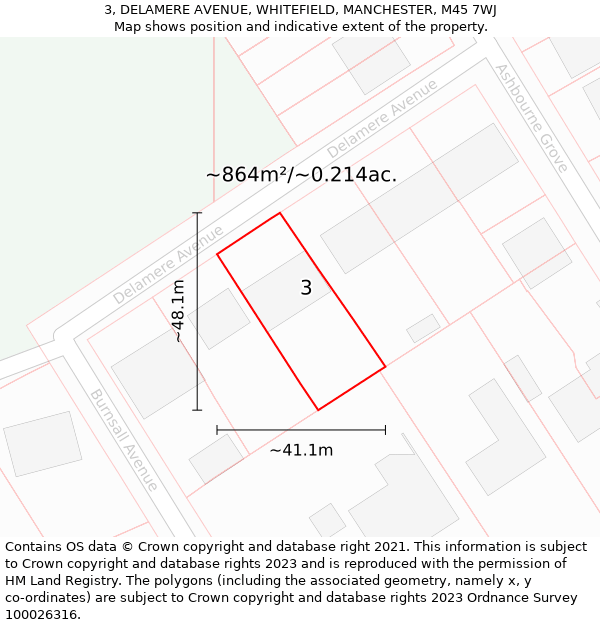 3, DELAMERE AVENUE, WHITEFIELD, MANCHESTER, M45 7WJ: Plot and title map