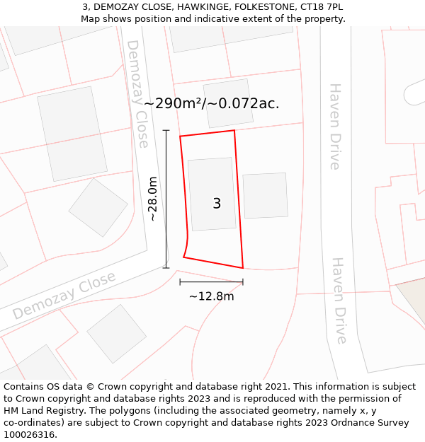 3, DEMOZAY CLOSE, HAWKINGE, FOLKESTONE, CT18 7PL: Plot and title map