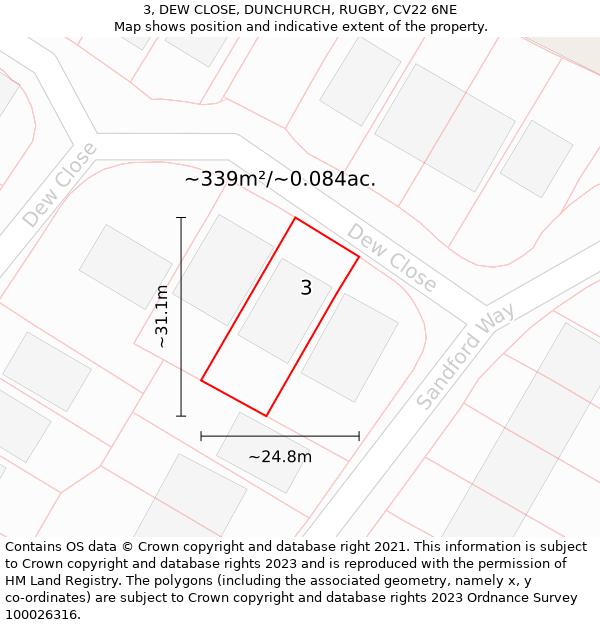 3, DEW CLOSE, DUNCHURCH, RUGBY, CV22 6NE: Plot and title map