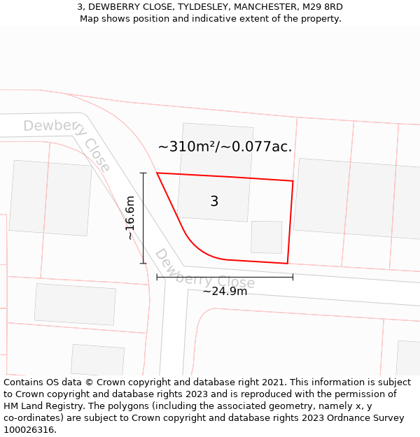 3, DEWBERRY CLOSE, TYLDESLEY, MANCHESTER, M29 8RD: Plot and title map