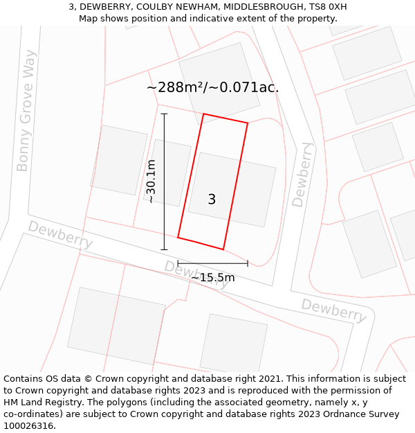 3, DEWBERRY, COULBY NEWHAM, MIDDLESBROUGH, TS8 0XH: Plot and title map