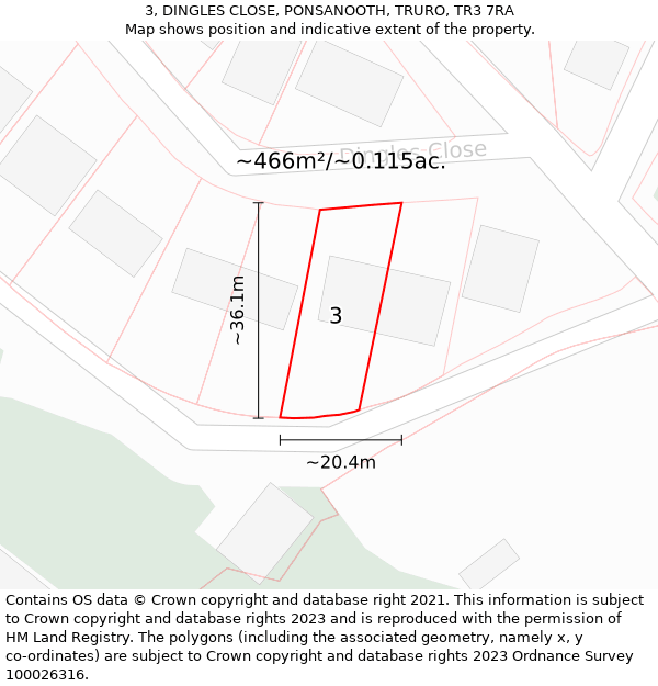 3, DINGLES CLOSE, PONSANOOTH, TRURO, TR3 7RA: Plot and title map