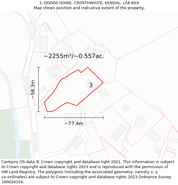 3, DODDS HOWE, CROSTHWAITE, KENDAL, LA8 8HX: Plot and title map